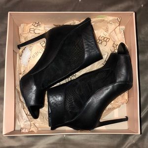 Black leather peep toe ankle boots